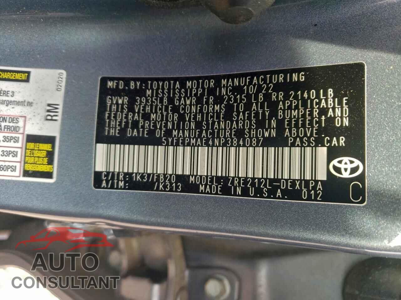 TOYOTA COROLLA 2022 - 5YFEPMAE4NP384087