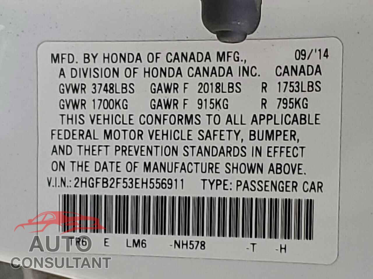 HONDA CIVIC 2014 - 2HGFB2F53EH556911