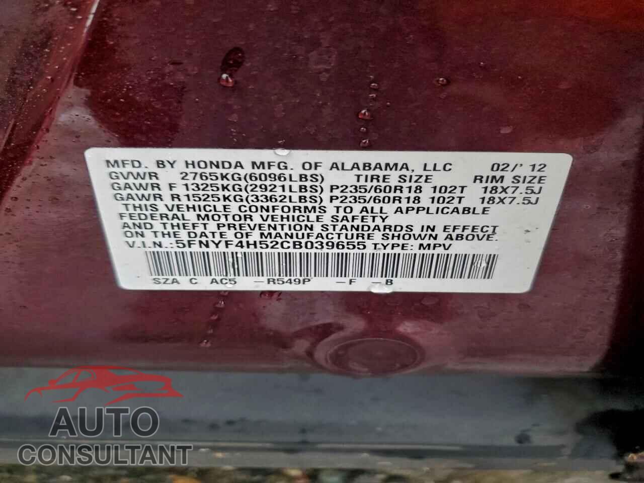 HONDA PILOT 2012 - 5FNYF4H52CB039655