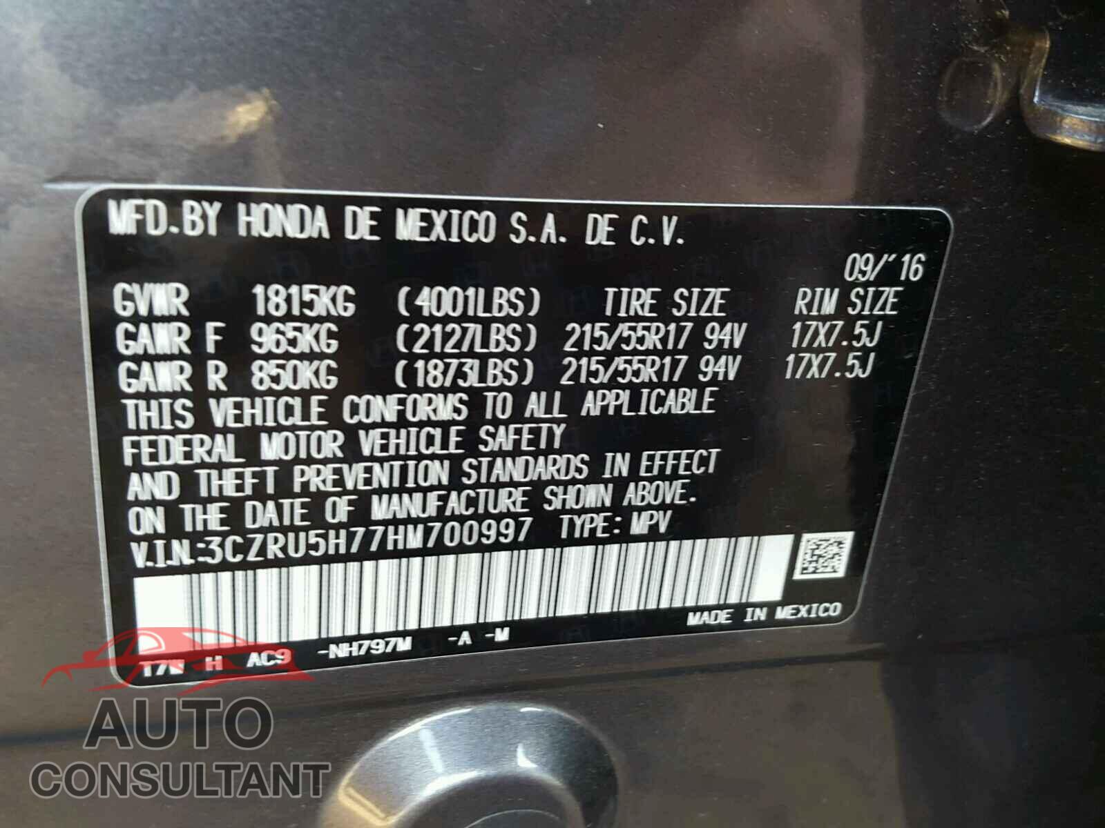 HONDA HR-V 2017 - 3CZRU5H77HM700997