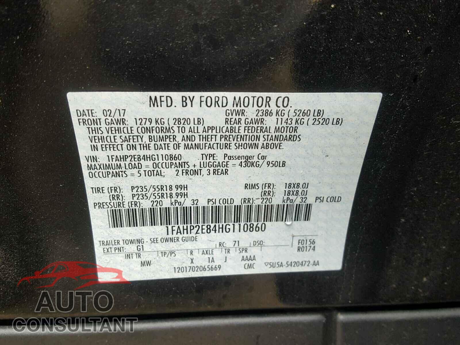 FORD TAURUS 2017 - 1FAHP2E84HG110860