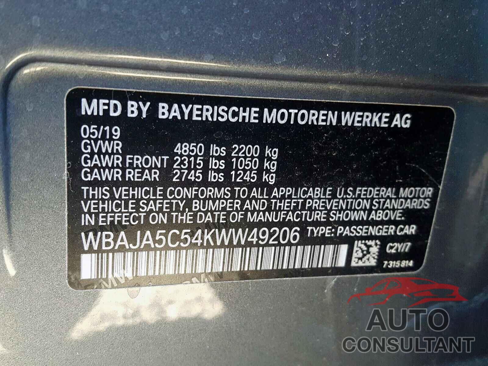 BMW 5 SERIES 2019 - WBAJA5C54KWW49206