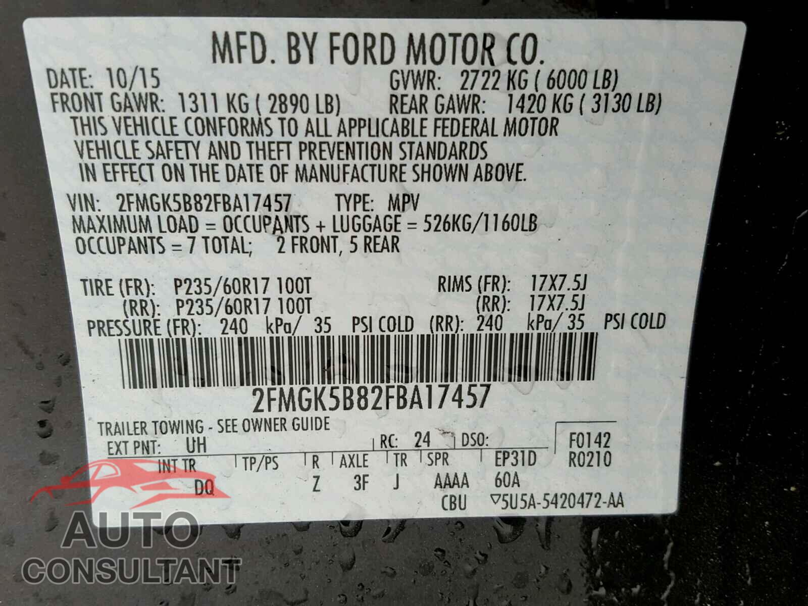 FORD FLEX 2015 - 2FMGK5B82FBA17457