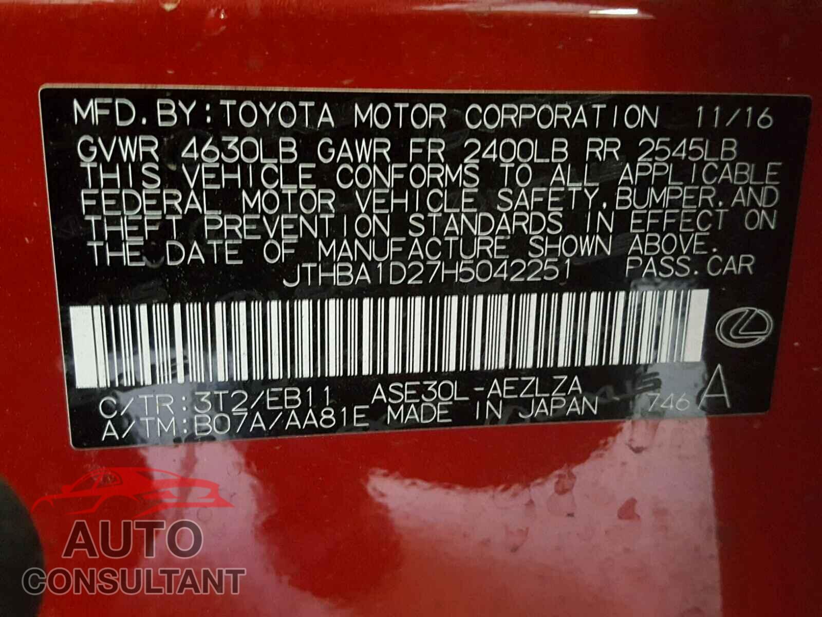 LEXUS IS 2017 - JTHBA1D27H5042251