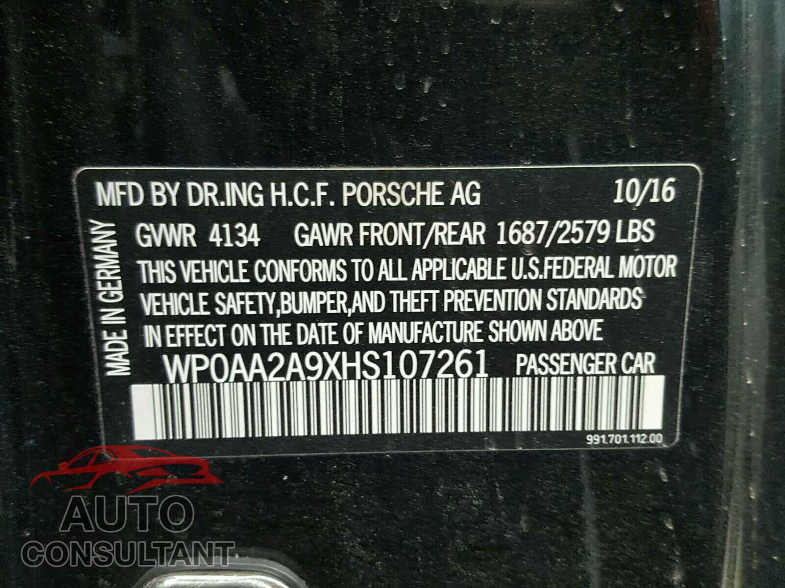 PORSCHE 911 2017 - WP0AA2A9XHS107261