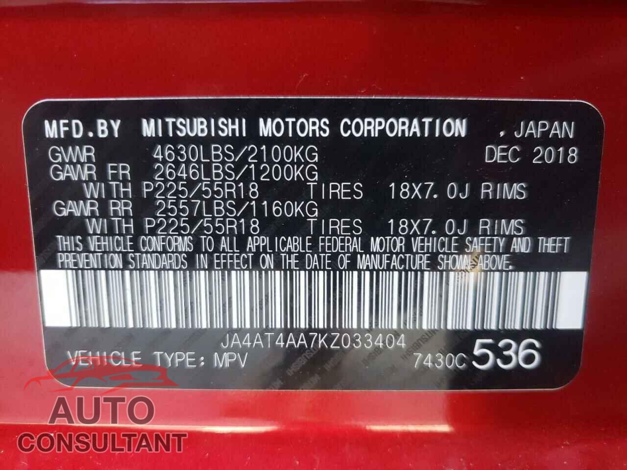 MITSUBISHI ECLIPSE 2019 - JA4AT4AA7KZ033404