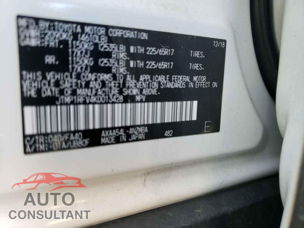 TOYOTA RAV4 2019 - JTMP1RFV4KD013428