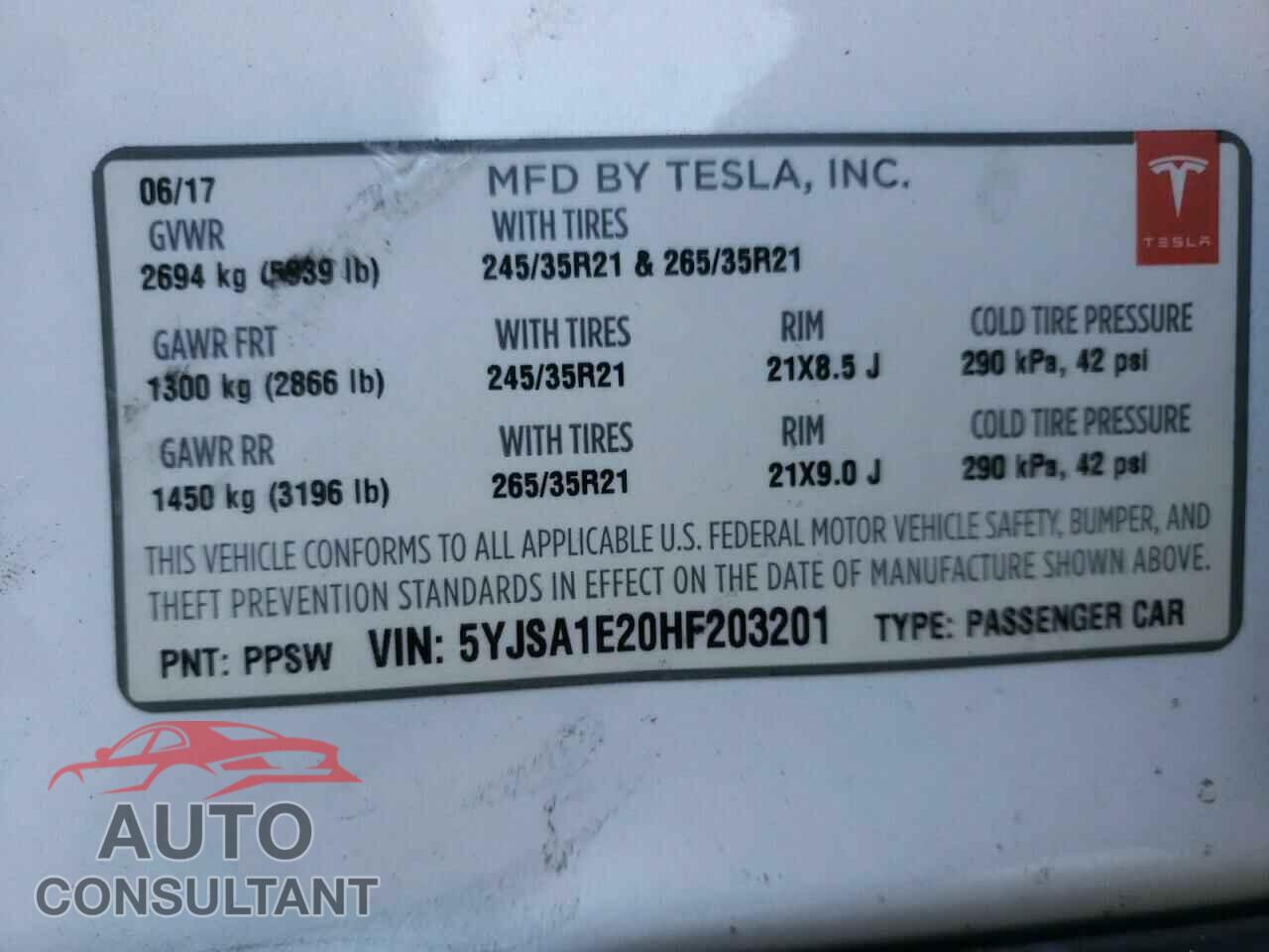 TESLA MODEL S 2017 - 5YJSA1E20HF203201