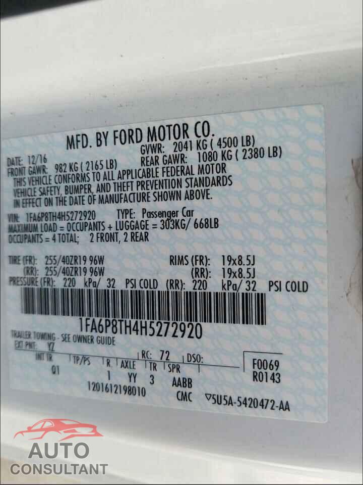 FORD MUSTANG 2017 - 1FA6P8TH4H5272920