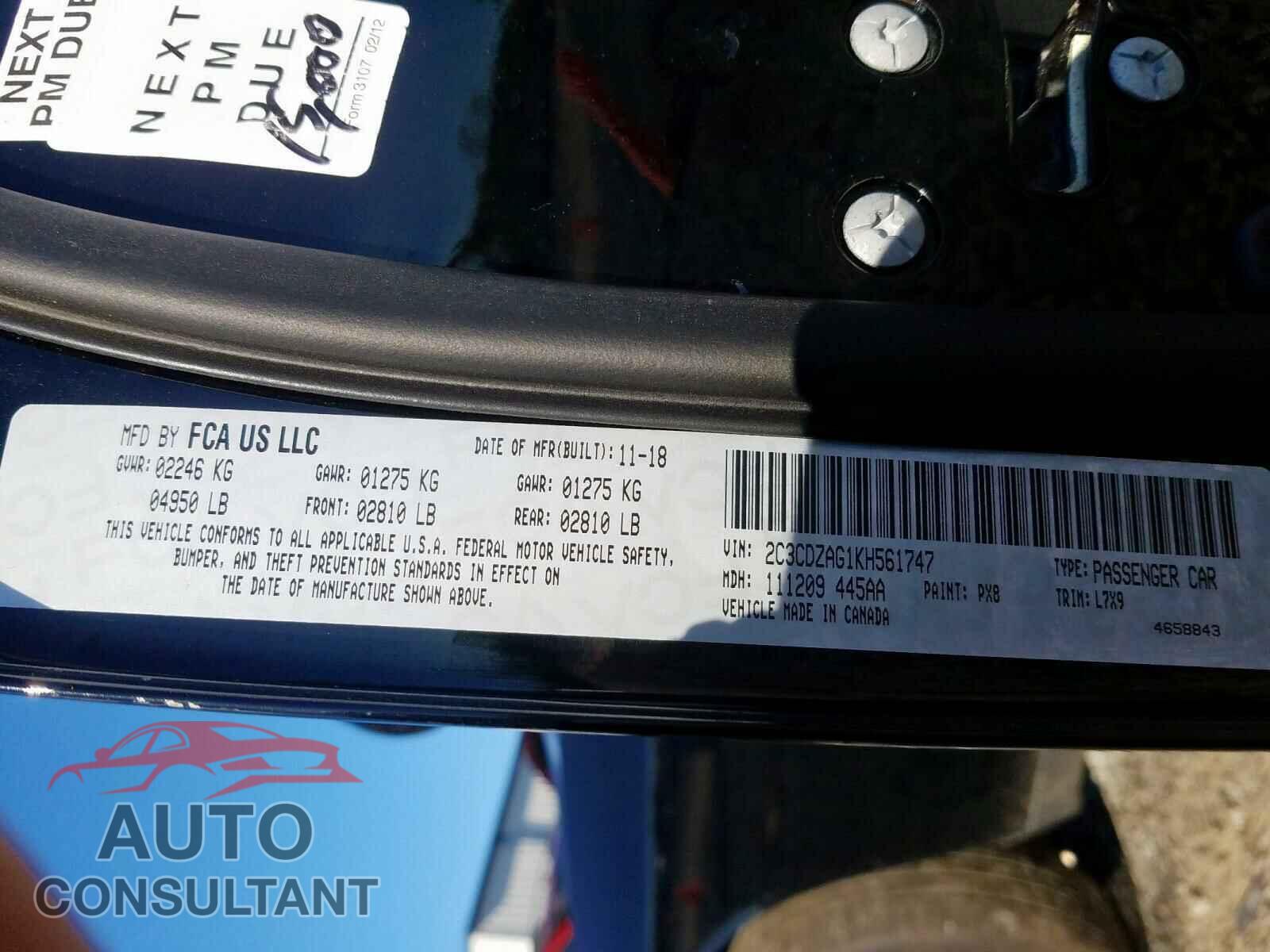 DODGE CHALLENGER 2019 - 2C3CDZAG1KH561747