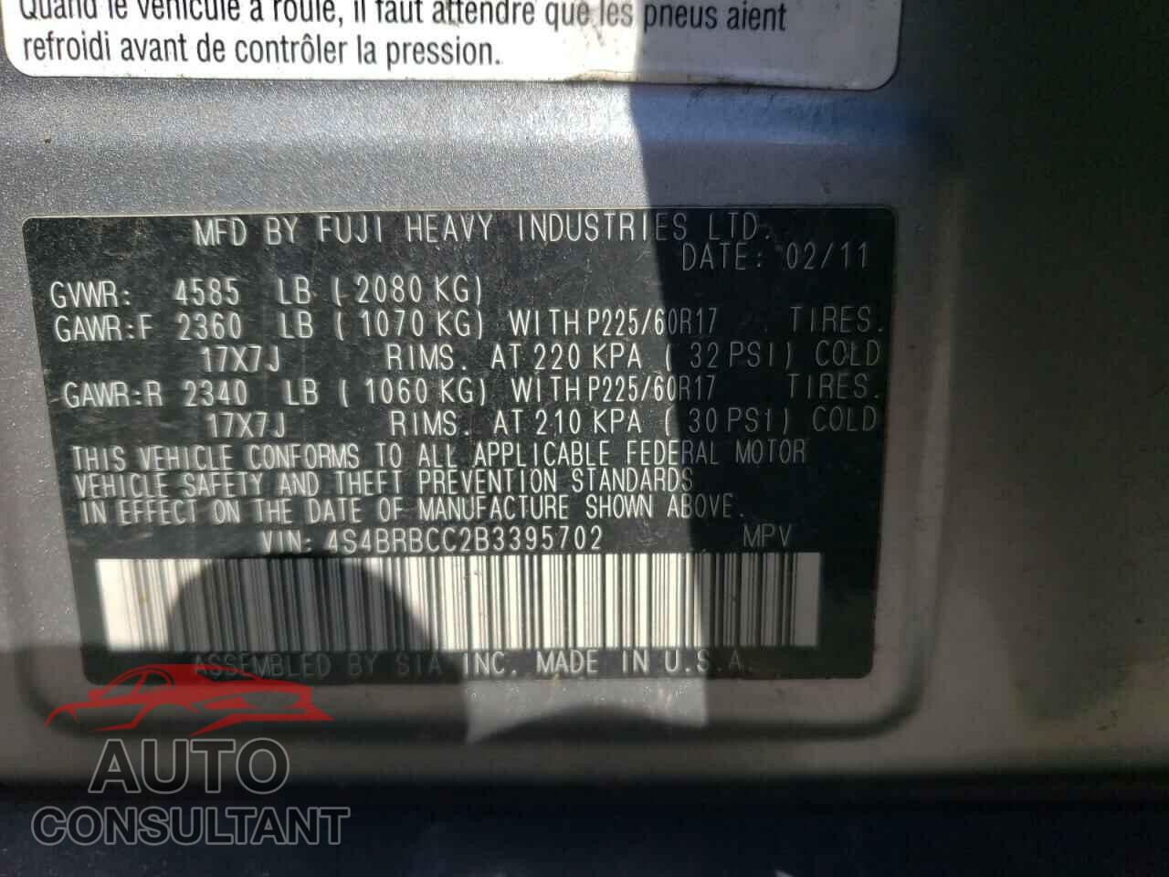 SUBARU OUTBACK 2011 - 4S4BRBCC2B3395702