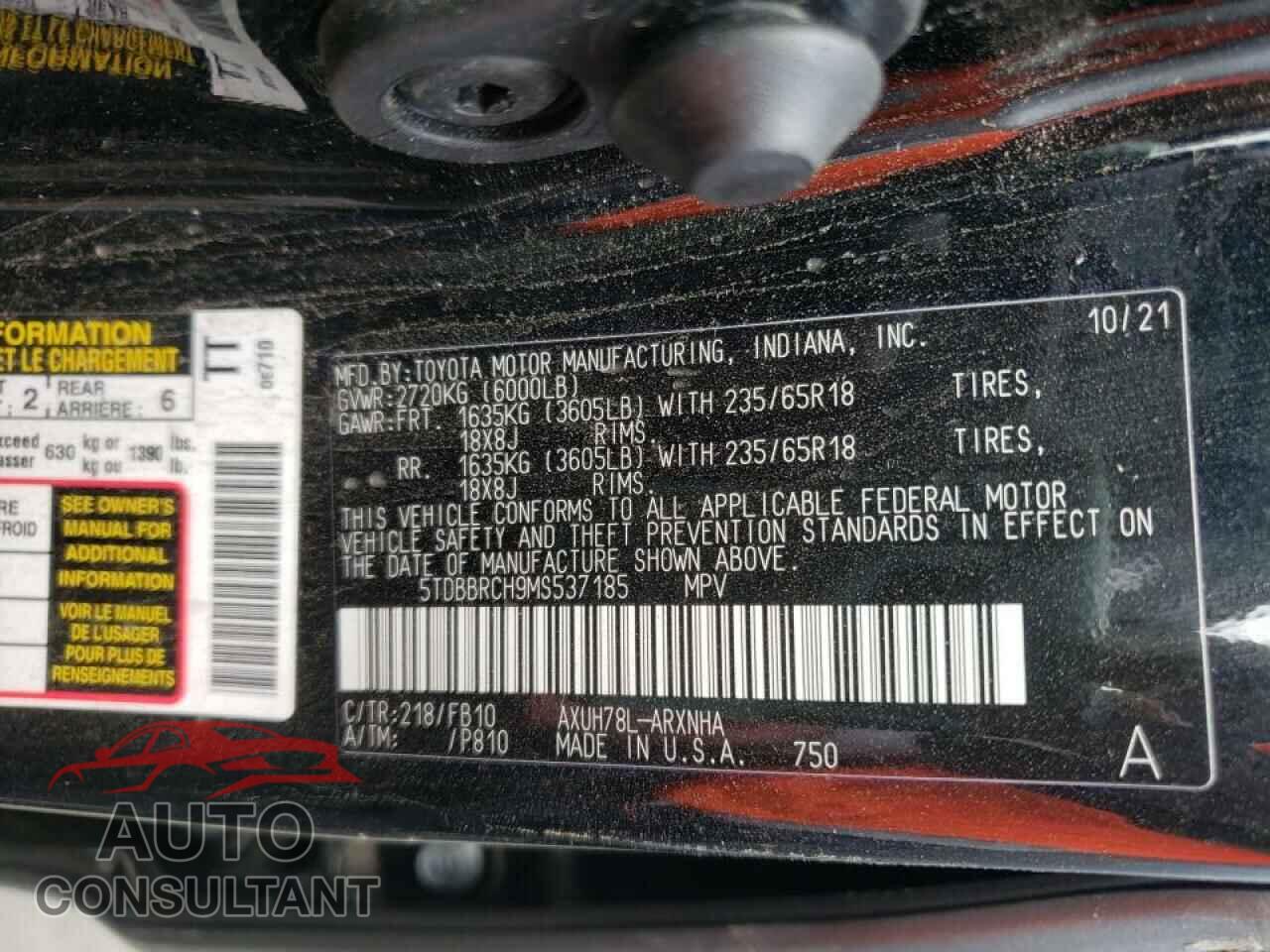 TOYOTA HIGHLANDER 2021 - 5TDBBRCH9MS537185