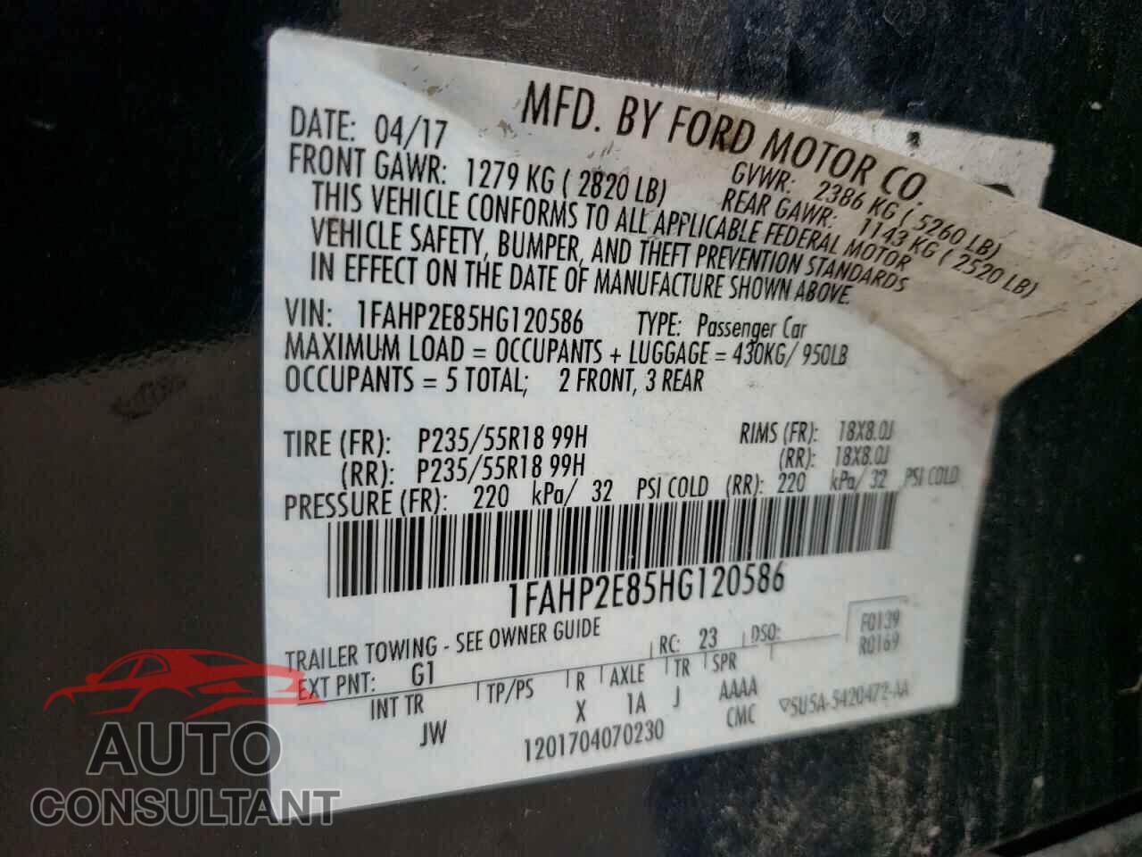 FORD TAURUS 2017 - 1FAHP2E85HG120586