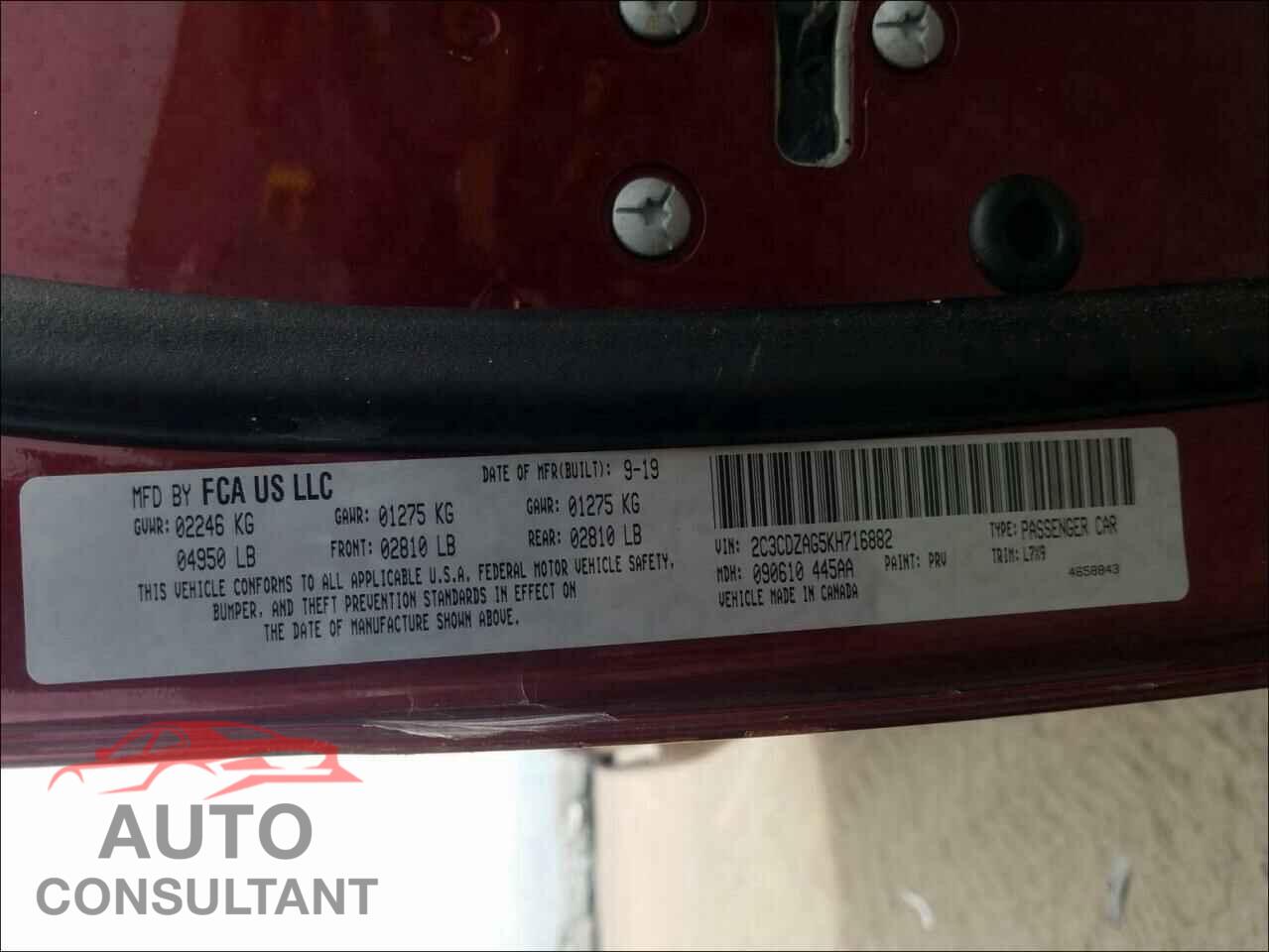DODGE CHALLENGER 2019 - 2C3CDZAG5KH716882