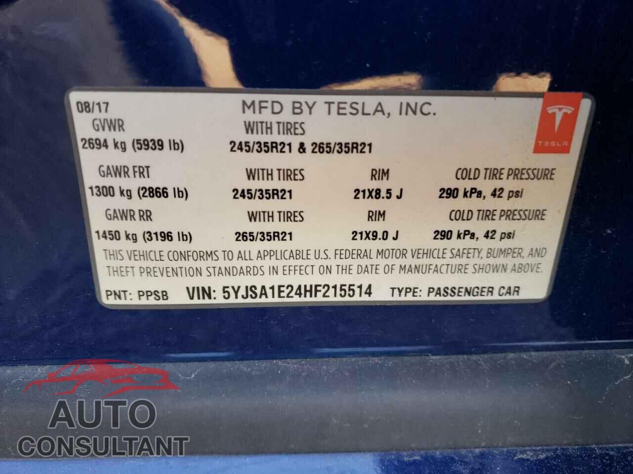 TESLA MODEL S 2017 - 5YJSA1E24HF215514