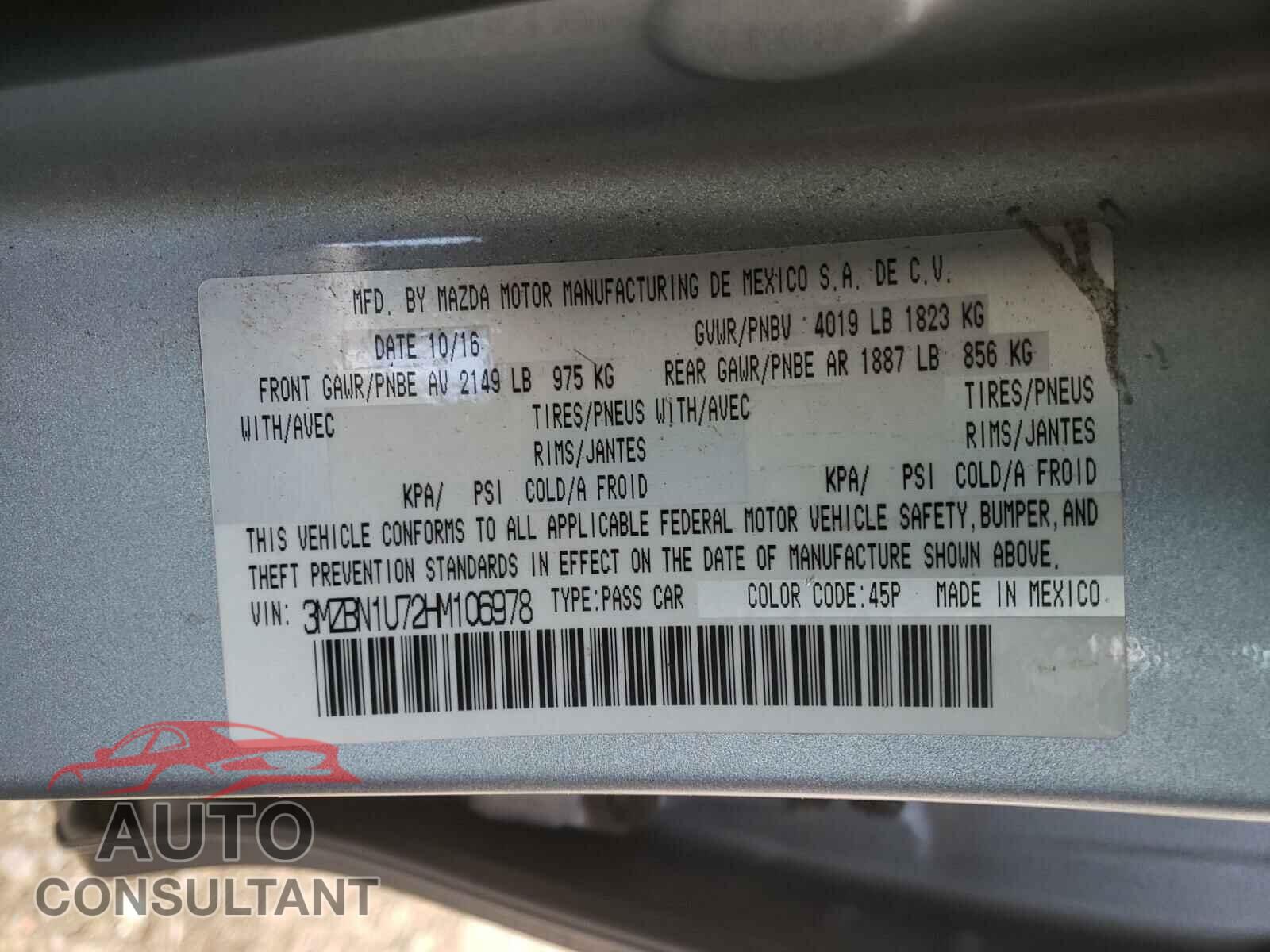 MAZDA 3 2017 - 3MZBN1U72HM106978