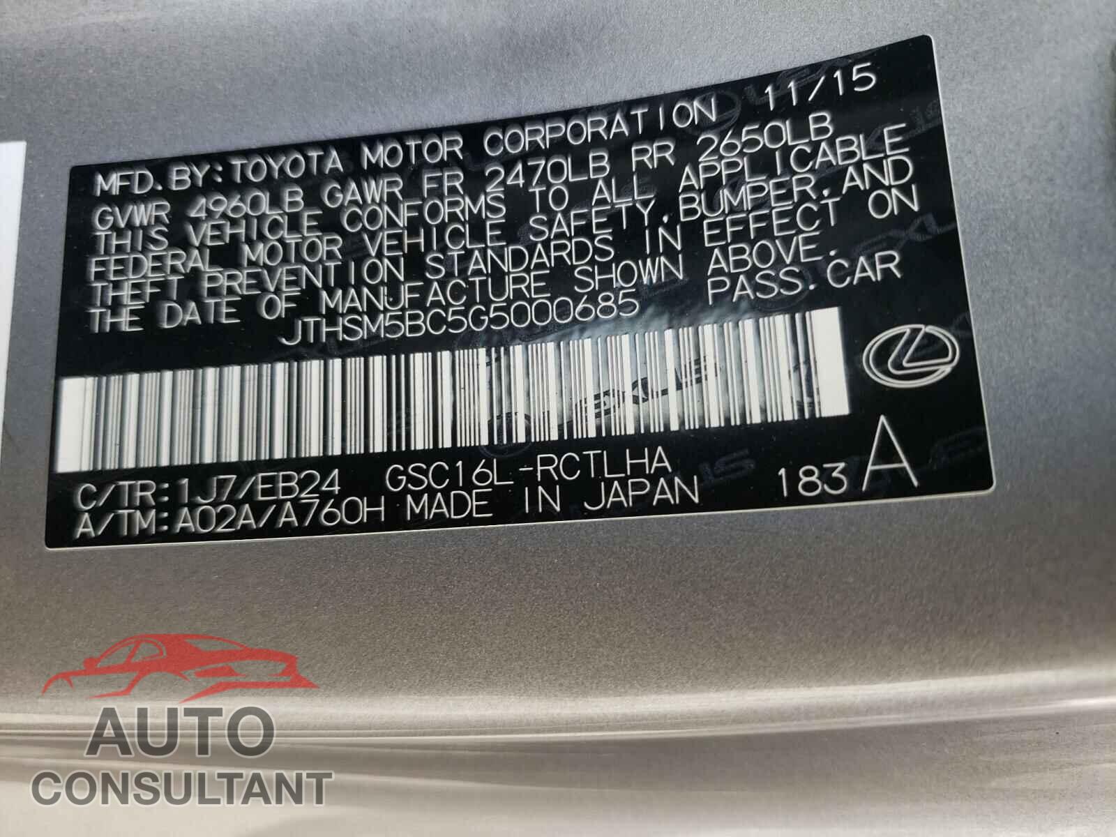 LEXUS RC300 2016 - JTHSM5BC5G5000685