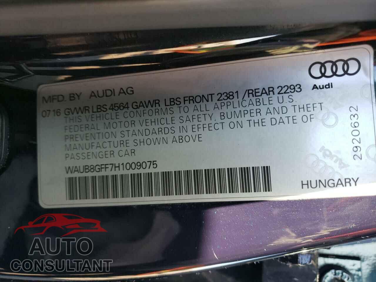 AUDI A3 2017 - WAUB8GFF7H1009075