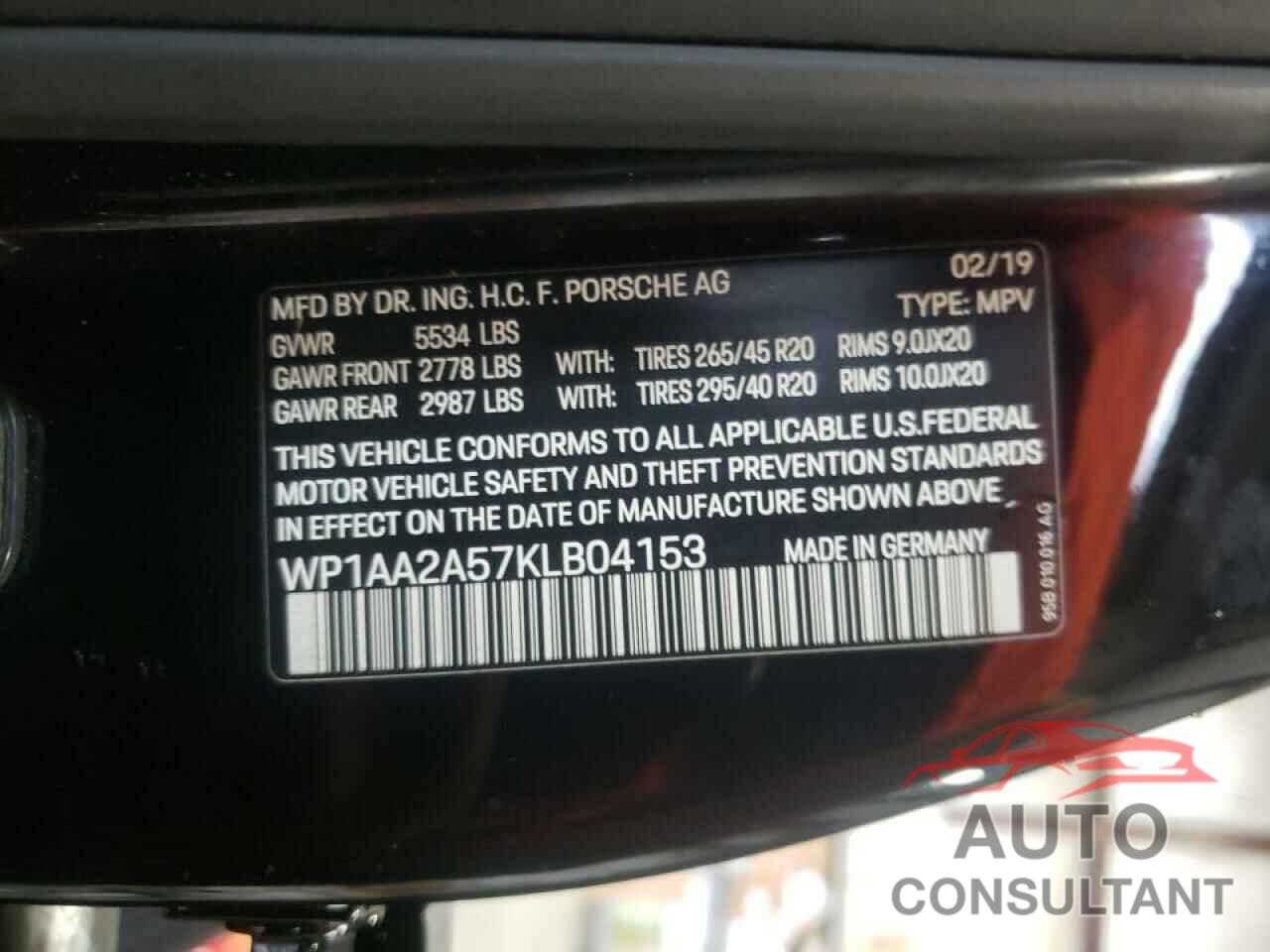 PORSCHE MACAN 2019 - WP1AA2A57KLB04153