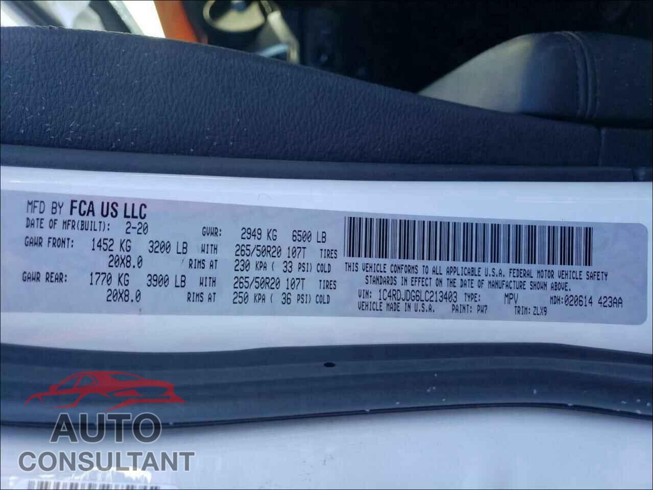 DODGE DURANGO 2020 - 1C4RDJDG6LC213403