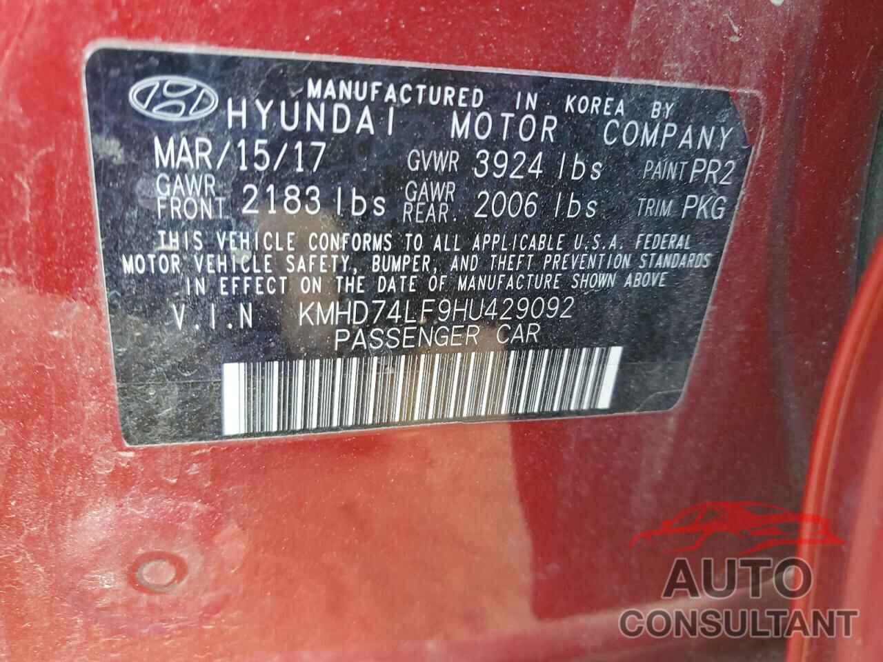 HYUNDAI ELANTRA 2017 - KMHD74LF9HU429092