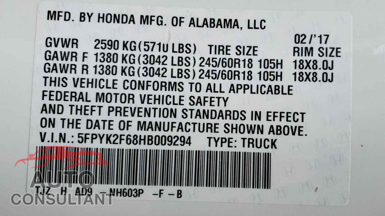 HONDA RIDGELINE 2017 - 5FPYK2F68HB009294