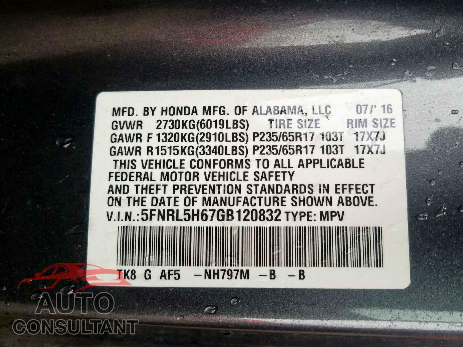 HONDA ODYSSEY 2016 - 3KPF34AD9KE013169