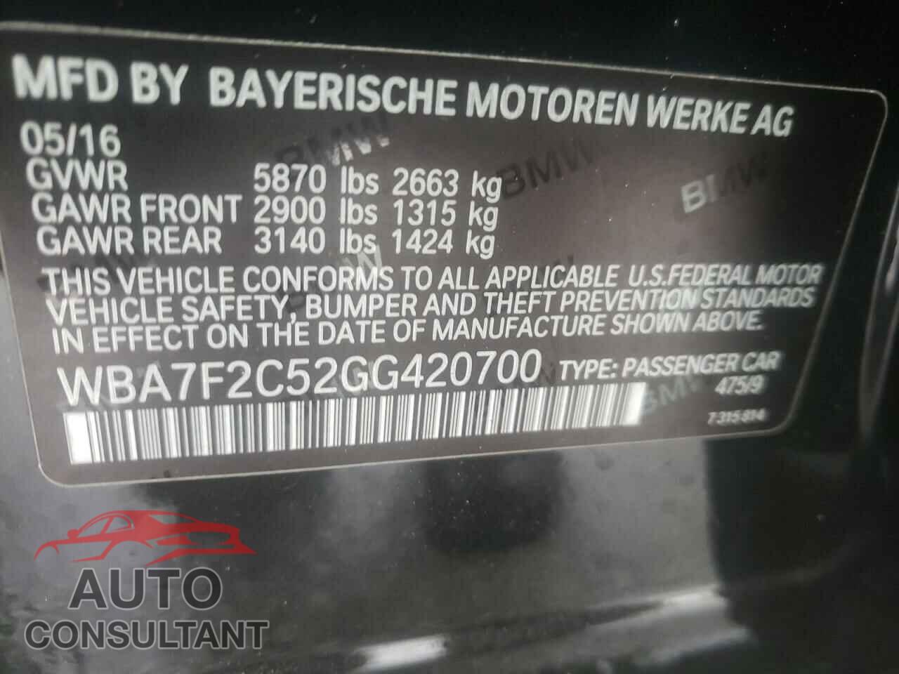 BMW 7 SERIES 2016 - WBA7F2C52GG420700