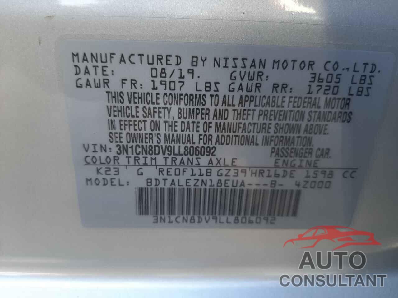 NISSAN VERSA 2020 - 3N1CN8DV9LL806092