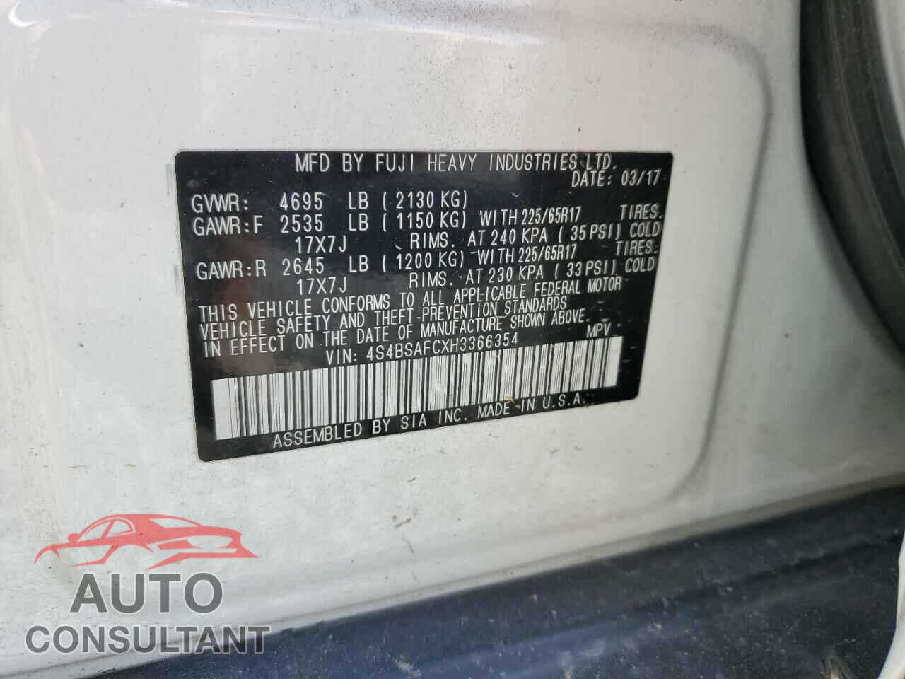 SUBARU OUTBACK 2017 - 4S4BSAFCXH3366354