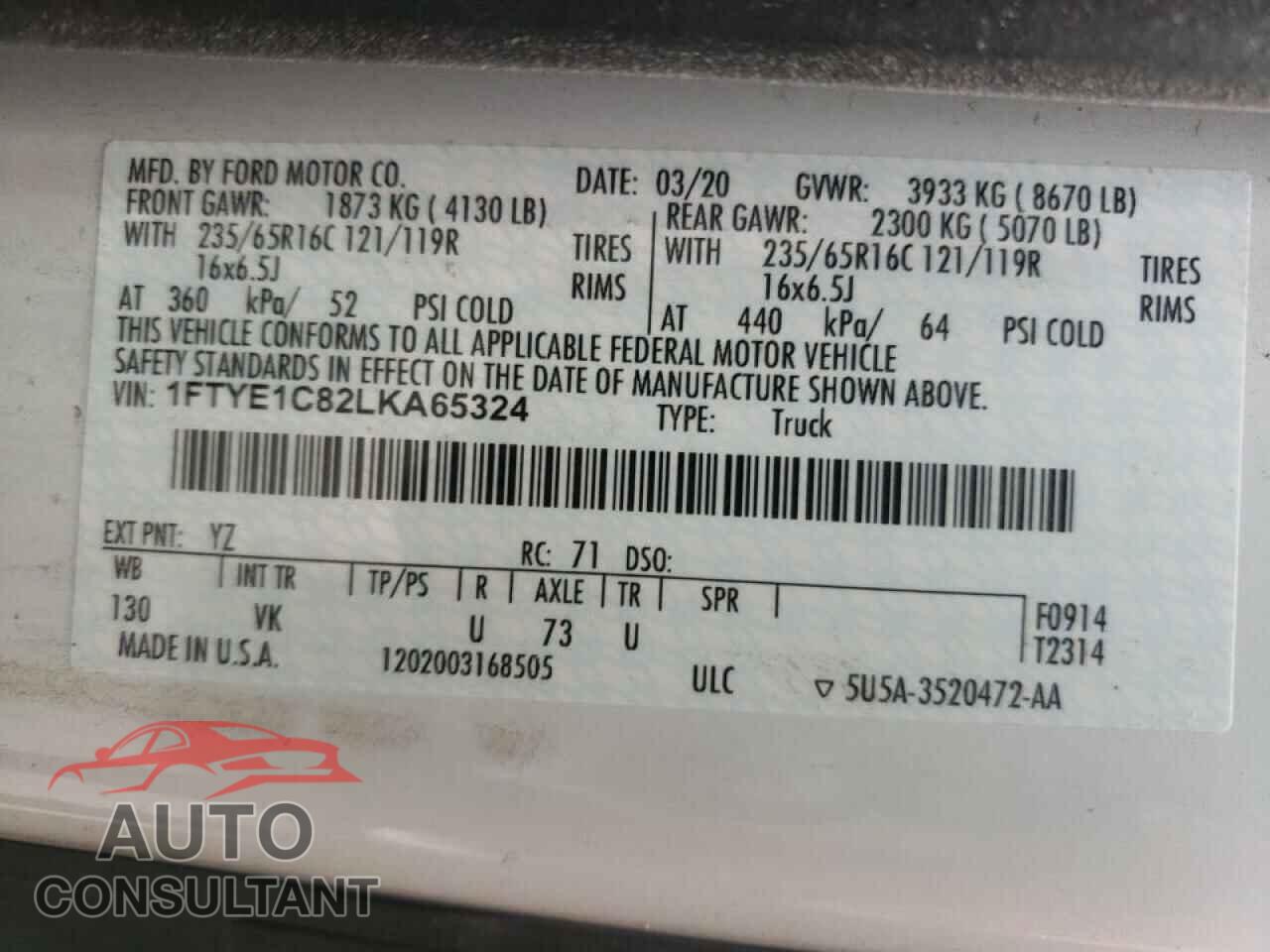 FORD TRANSIT CO 2020 - 1FTYE1C82LKA65324