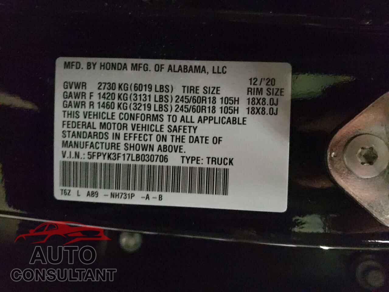 HONDA RIDGELINE 2020 - 5FPYK3F17LB030706