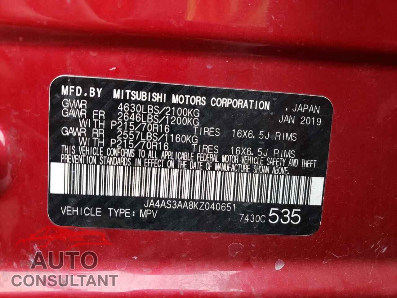 MITSUBISHI ECLIPSE 2019 - JA4AS3AA8KZ040651