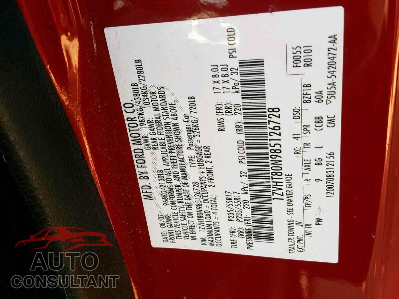 FORD MUSTANG 2008 - JM3KFBCMXL0741737