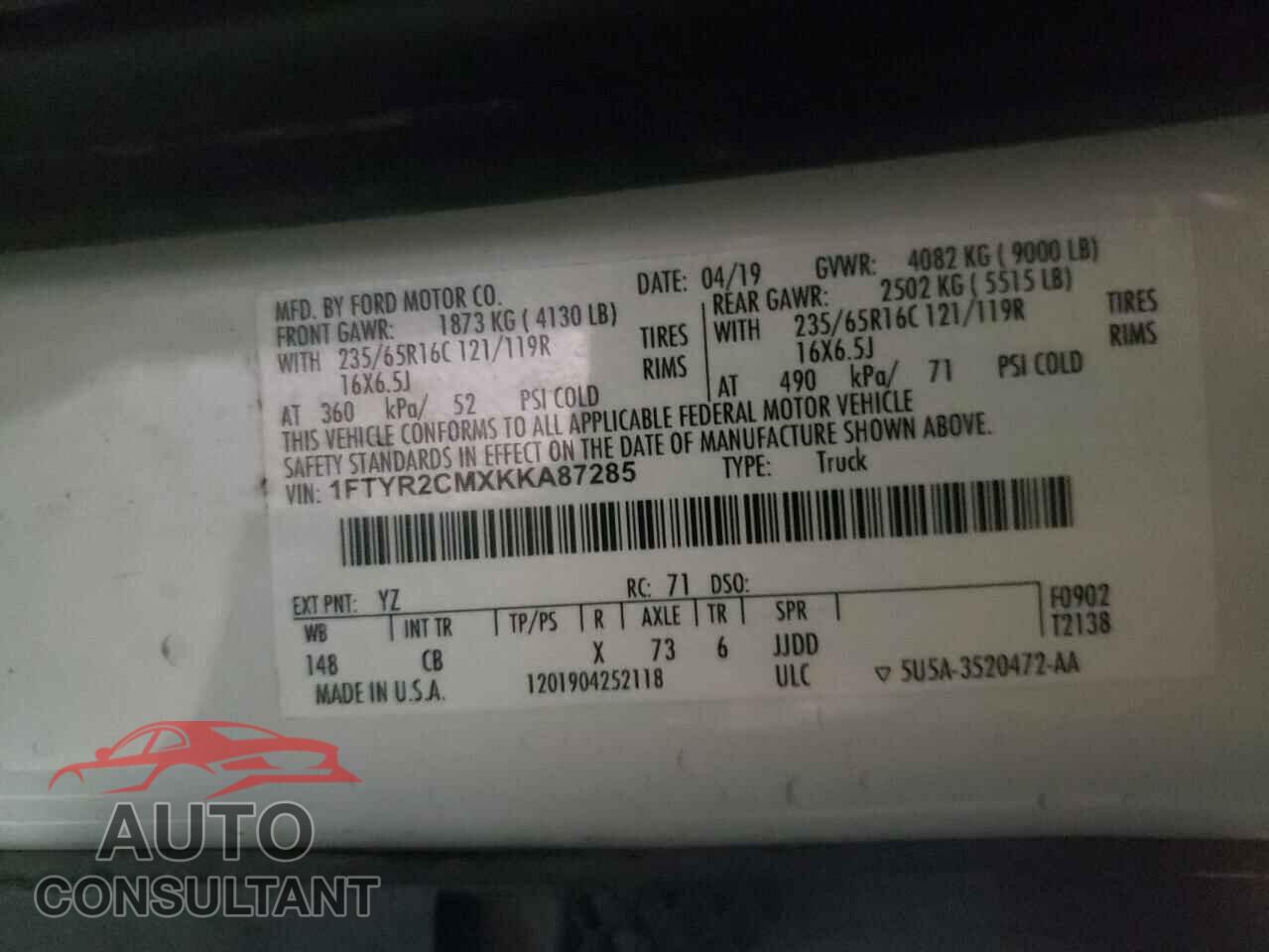 FORD TRANSIT CO 2019 - 1FTYR2CMXKKA87285