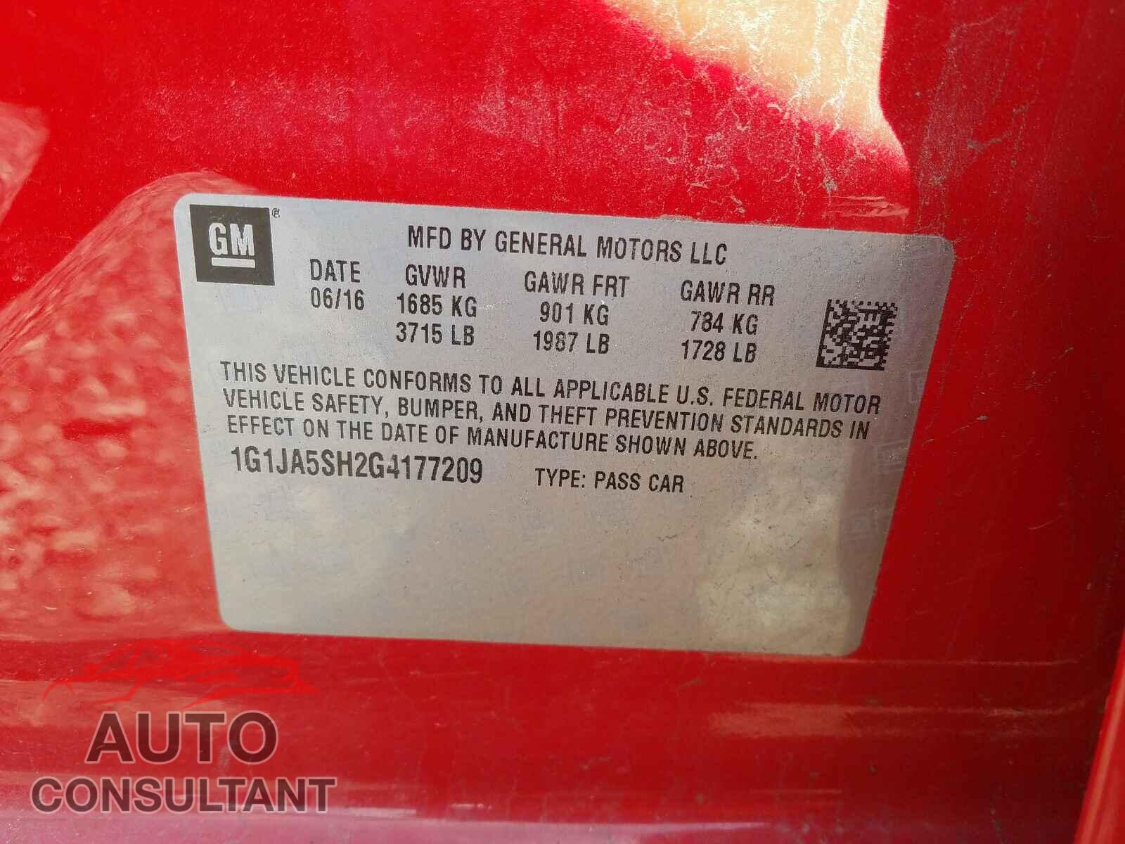 CHEVROLET SONIC 2016 - 5YJ3E1EA0HF002530