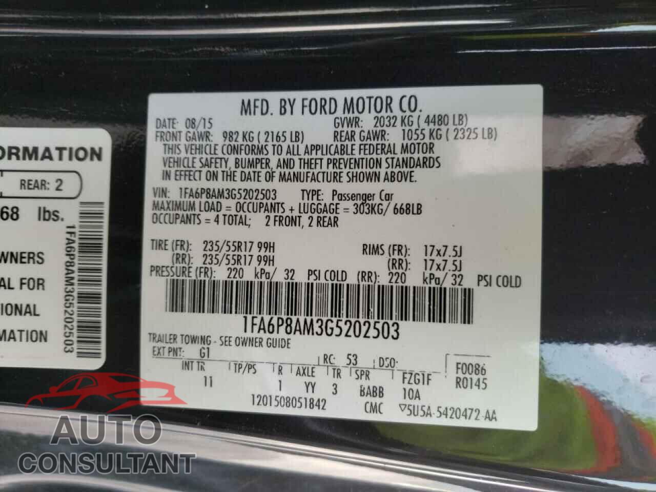 FORD MUSTANG 2016 - 1FA6P8AM3G5202503