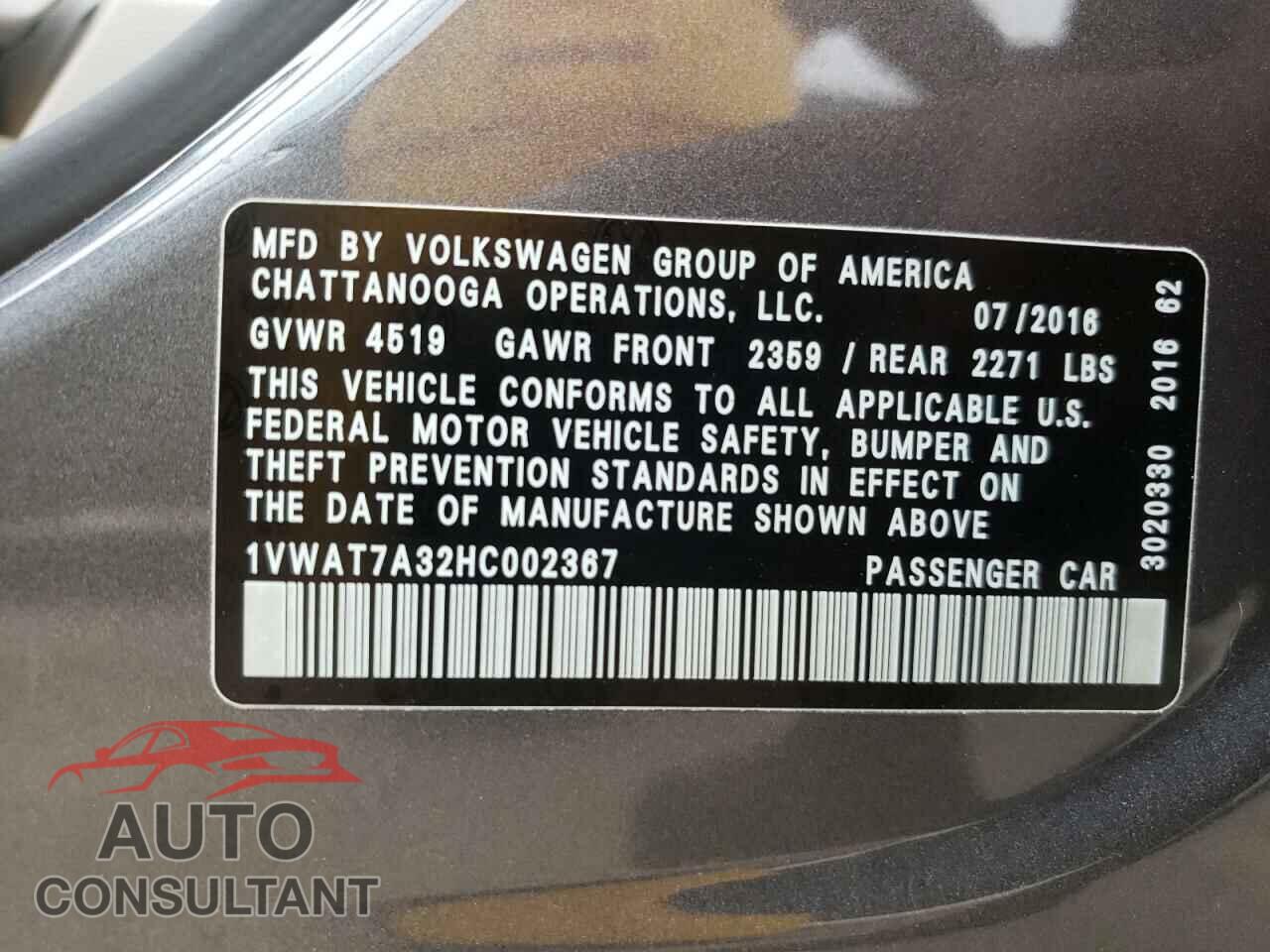 VOLKSWAGEN PASSAT 2017 - 1VWAT7A32HC002367