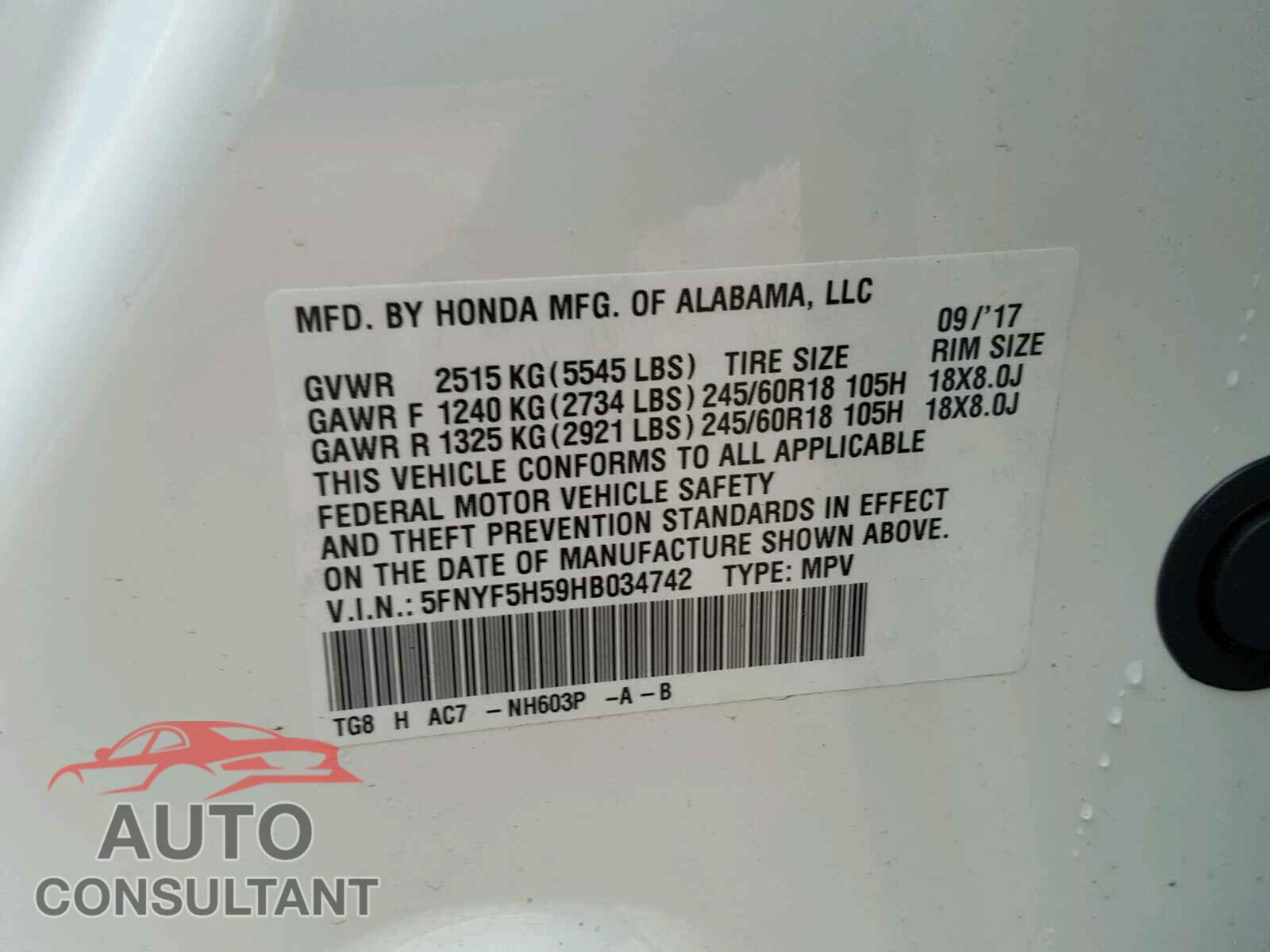 HONDA PILOT EXL 2017 - 5FNYF5H59HB034742
