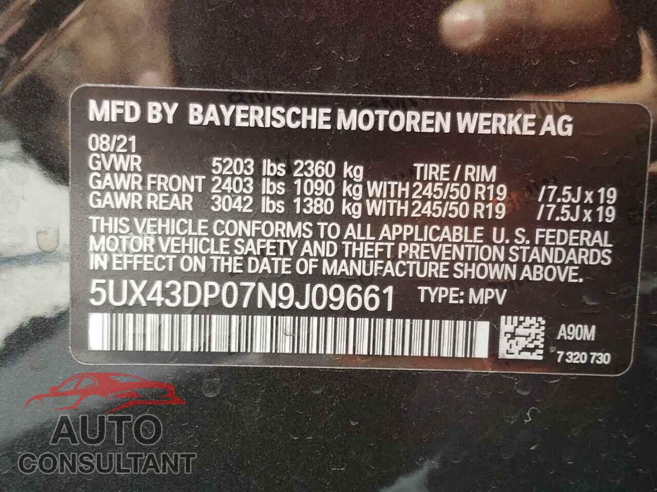 BMW X3 2022 - 5UX43DP07N9J09661