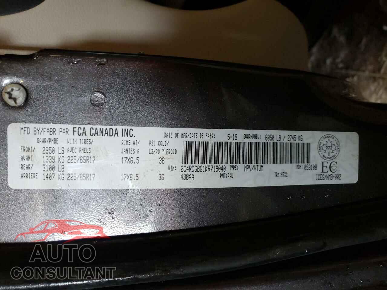 DODGE CARAVAN 2019 - 2C4RDGBG1KR719040