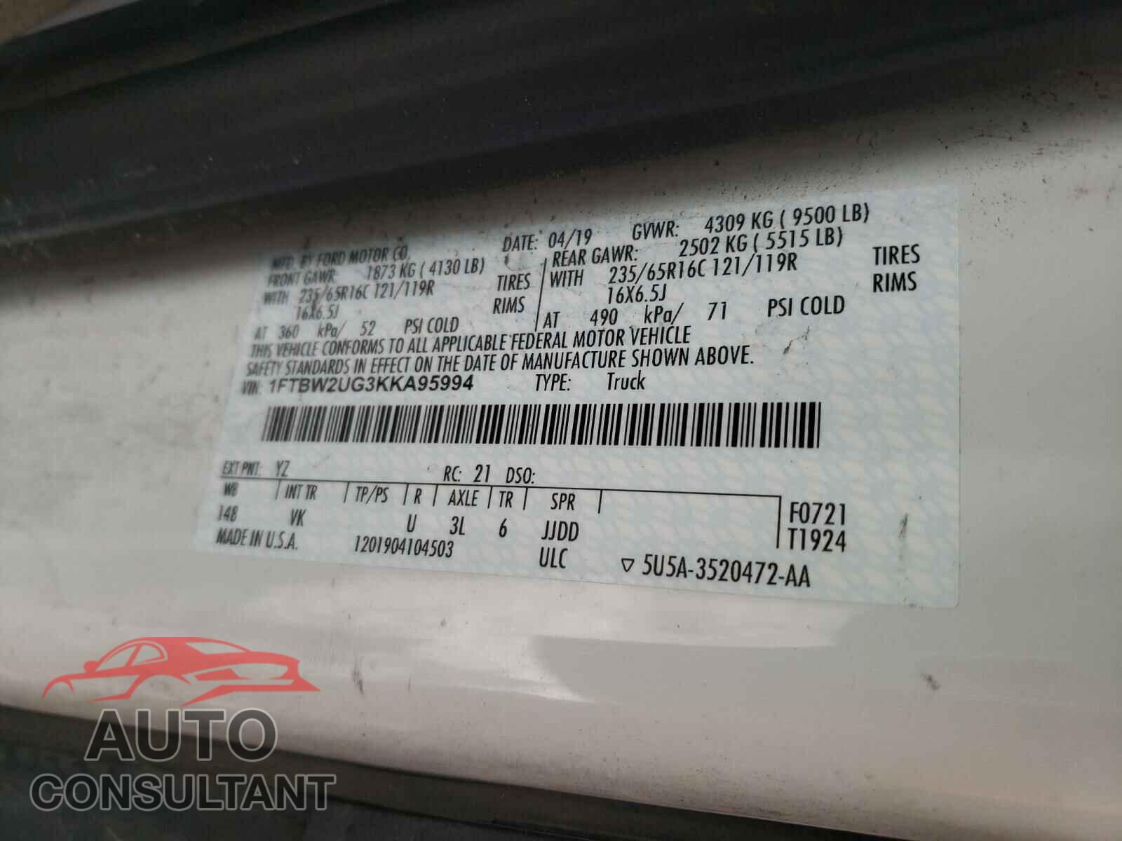 FORD TRANSIT CO 2019 - 1FTBW2UG3KKA95994