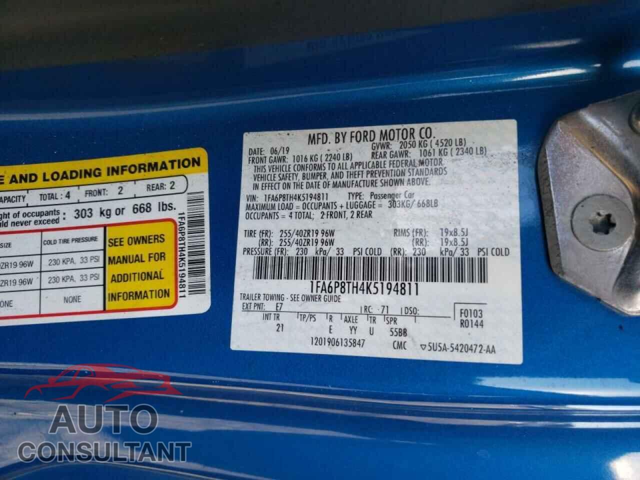 FORD MUSTANG 2019 - 1FA6P8TH4K5194811