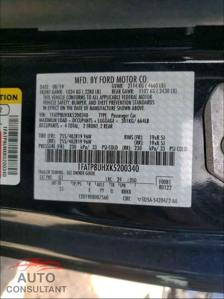 FORD MUSTANG 2019 - 1FATP8UHXK5200340