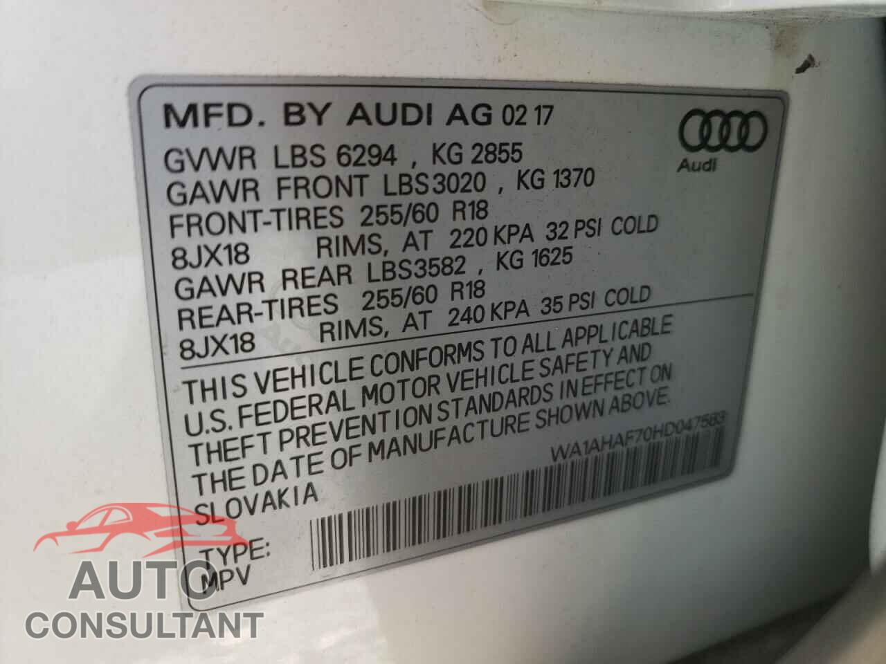 AUDI Q7 2017 - WA1AHAF70HD047583
