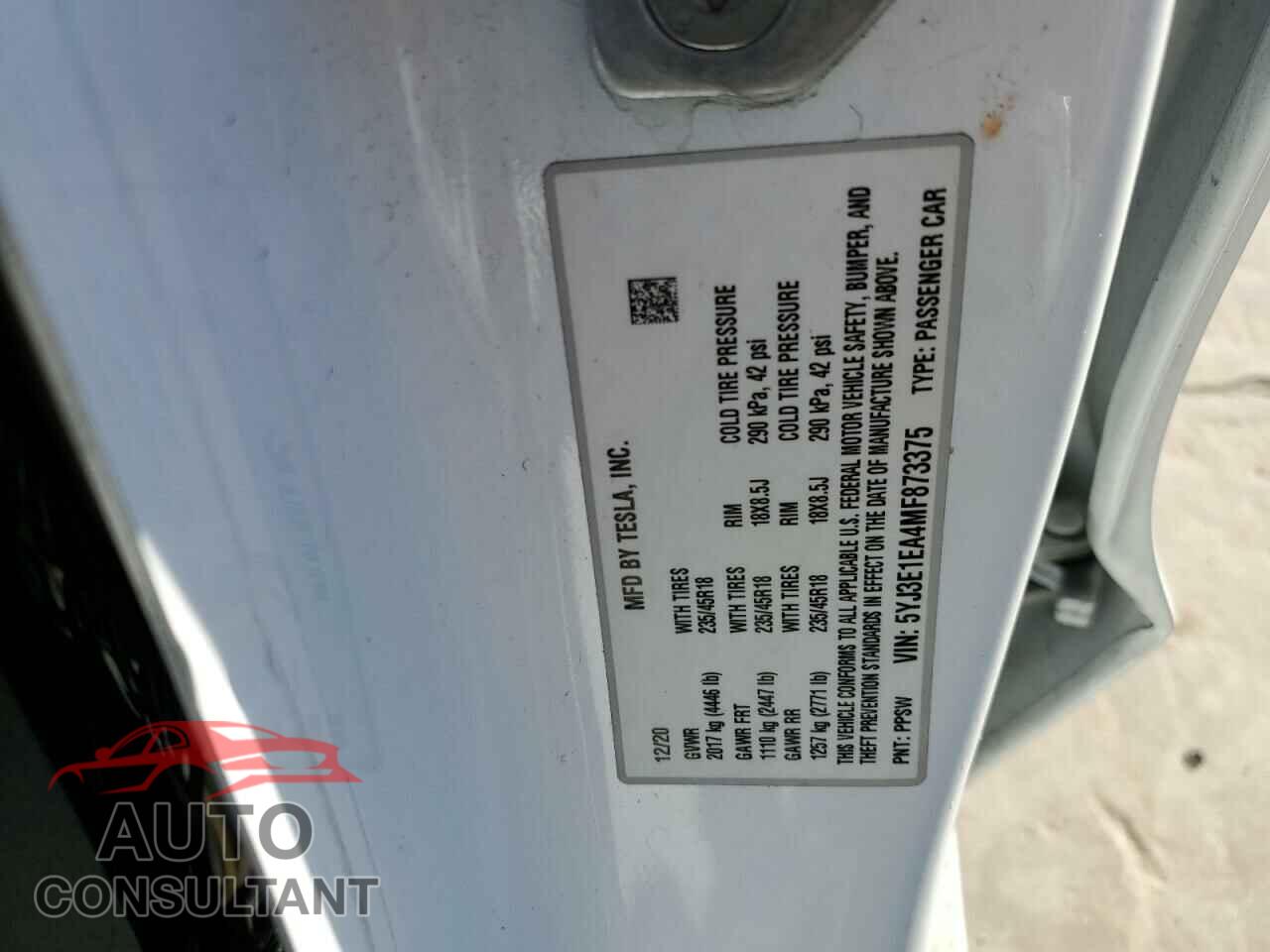 TESLA MODEL 3 2021 - 5YJ3E1EA4MF873375