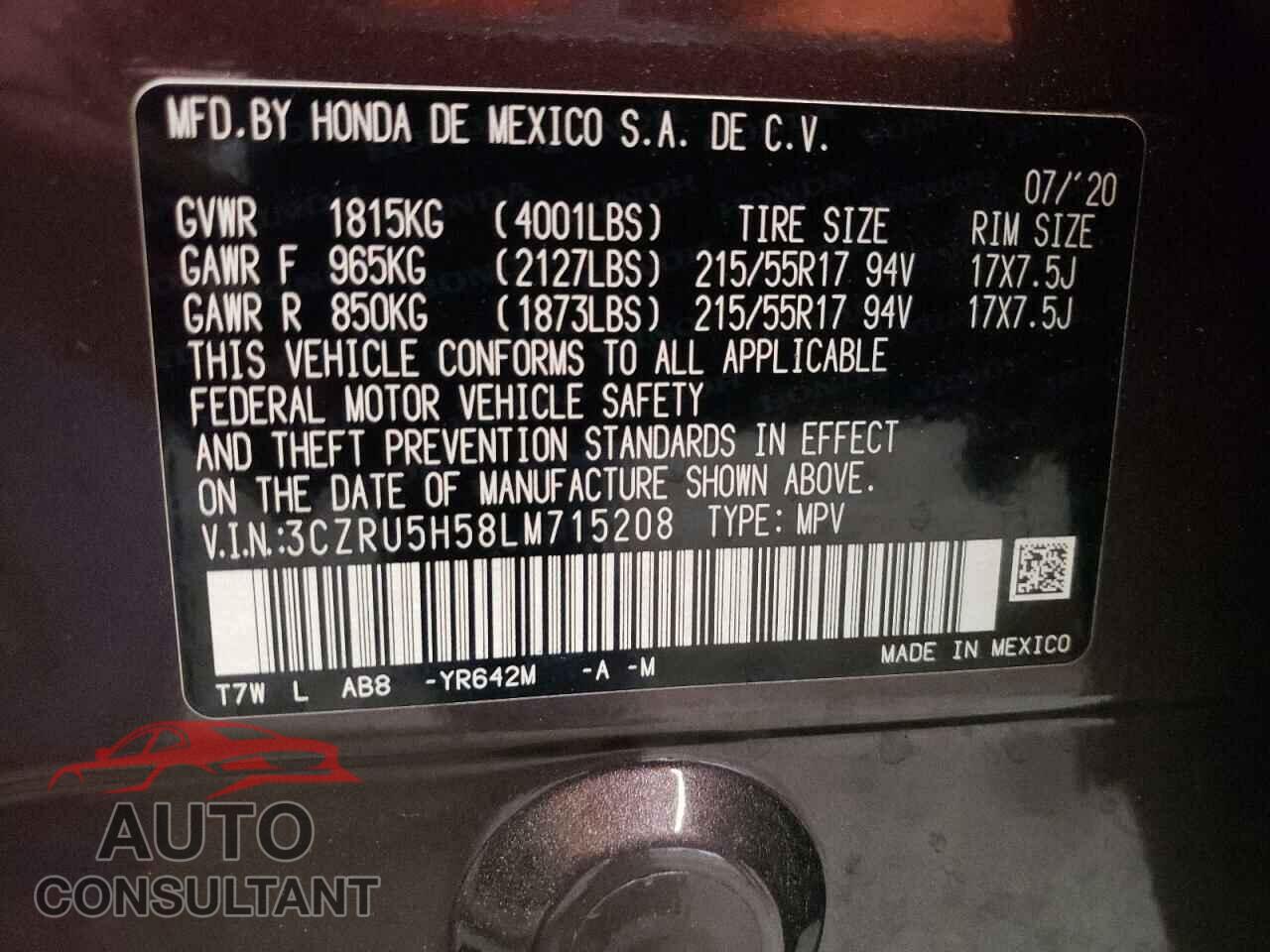 HONDA HR-V 2020 - 3CZRU5H58LM715208