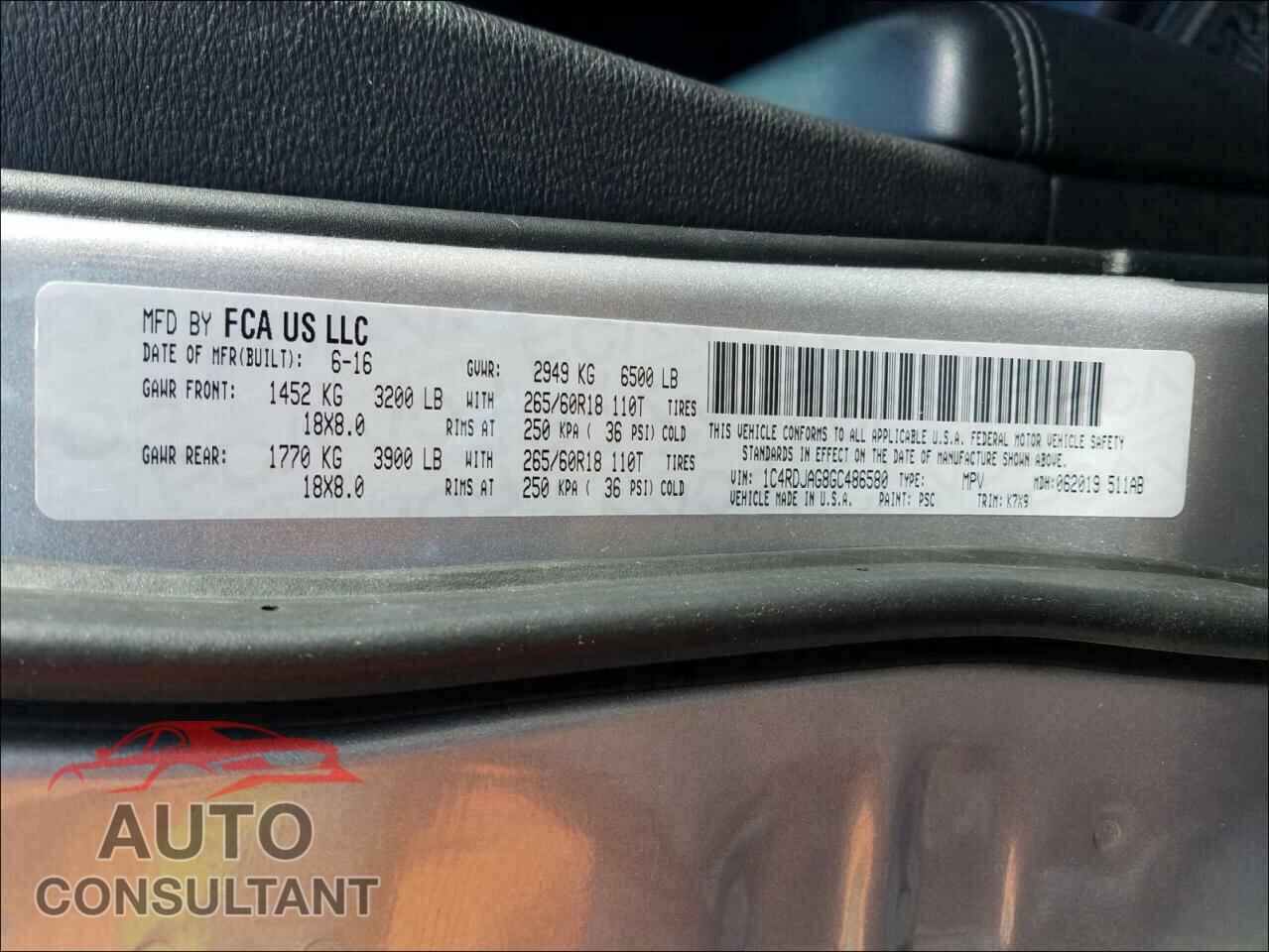 DODGE DURANGO 2016 - 1C4RDJAG8GC486580