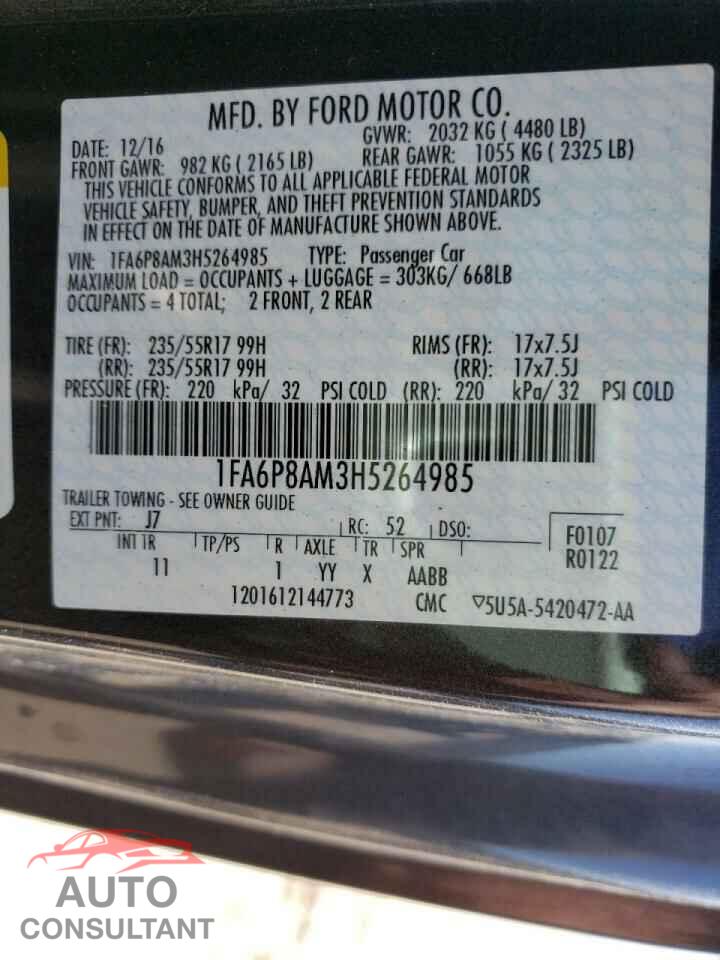 FORD MUSTANG 2017 - 1FA6P8AM3H5264985