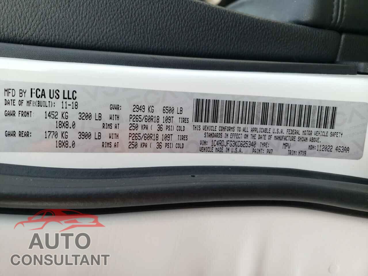 DODGE DURANGO 2019 - 1C4RDJFG3KC625340